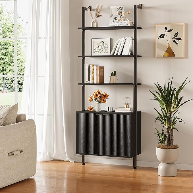 INNOD 74" Tall Bookshelf with Storage Cabinet, Modern Ladder Shelf with Wood and Metal Frame, Wall Mount Bookcase Open Display Shelf Furniture for Living Room, Bedroom, Home Office，Black