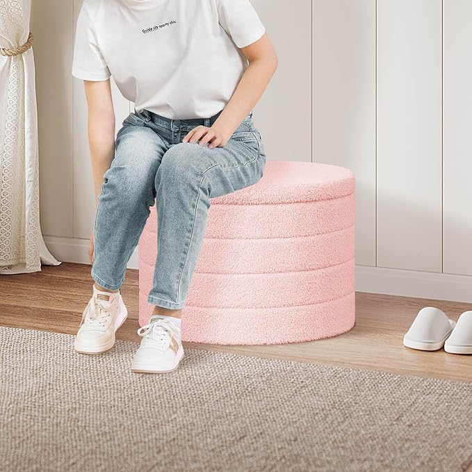 PINPLUS Ottoman with Storage, Foldable Round Ottoman Sherpa Stool with Tray, Boucle Foot Rest for Living Room, Bedroom, Dorm(Pink)