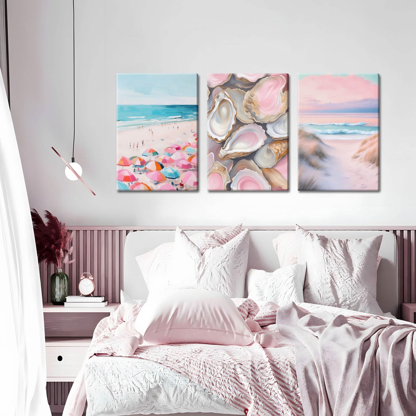 Preppy Coastal Canvas Wall Art Set of 3, Trendy Pink Beach Wall Decor Paintings, Summer Beachy Shells Oyster Aesthetic Posters Prints Pictures for Girls Room Dorm Bathroom Bedroom 12x16 Inch Framed