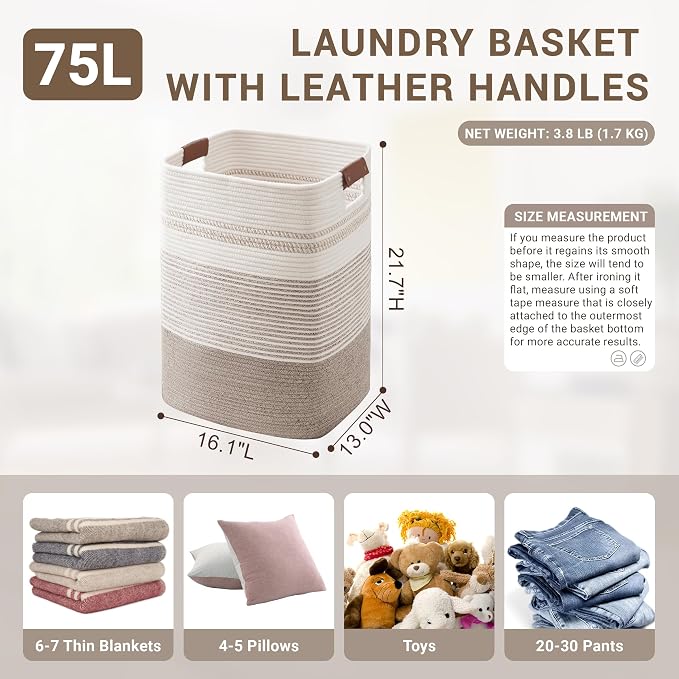 75L Tall Laundry Hamper with Handles for Living Room Storage, Large Woven Rope Baskets Bin for Blanket, Kids Toy, Gifts, Wicker Hamper for Bedroom Dirty Clothes, 16"x13"x22" White Brown