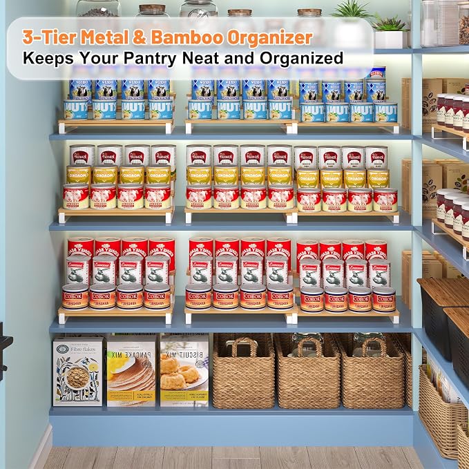 Expandable Can Organizer for Pantry, 3-Tier Adjustable Bamboo & Iron Can Rack for Cabinets, Easy Access Food Storage Shelf for Canned Goods, Soda & Soup Cans, Holds Up to 30 Cans, White