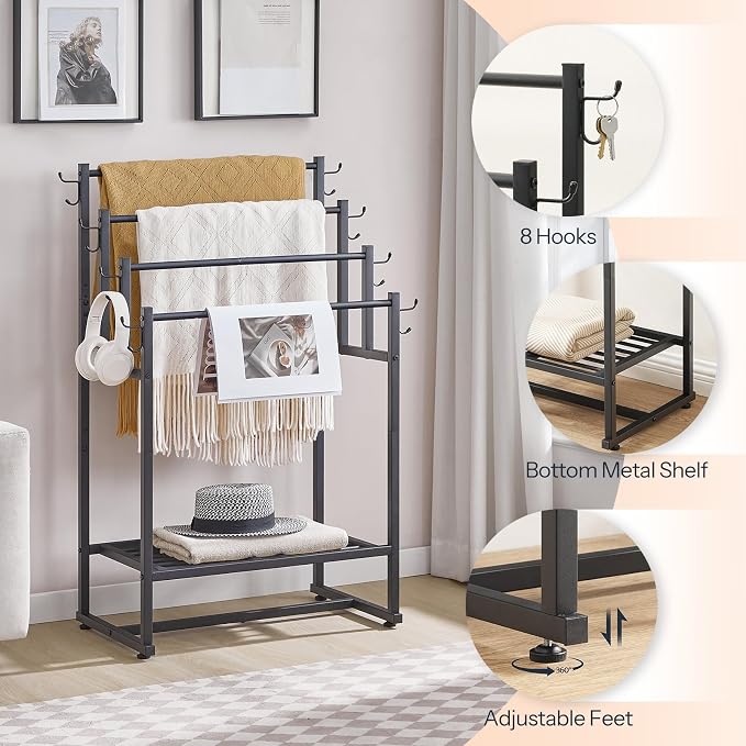 HOOBRO 4-Tier Free Standing Towel Rack for Bathroom, Blanket Rack Stand, 23.6" L x 15.9" W x 40.7" H, Freestanding Quilt Stand, Blanket Display Holder for Bedroom, Industrial Style, Black BK07LB01
