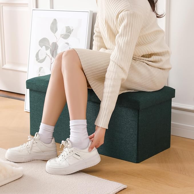 Storage Ottoman Bench Foldable Seat Footrest Shoe Bench End of Bed Storage with Flipping Lid, 75L Storage Space, 30 inches Linen Fabric Emerald, OT026DGN