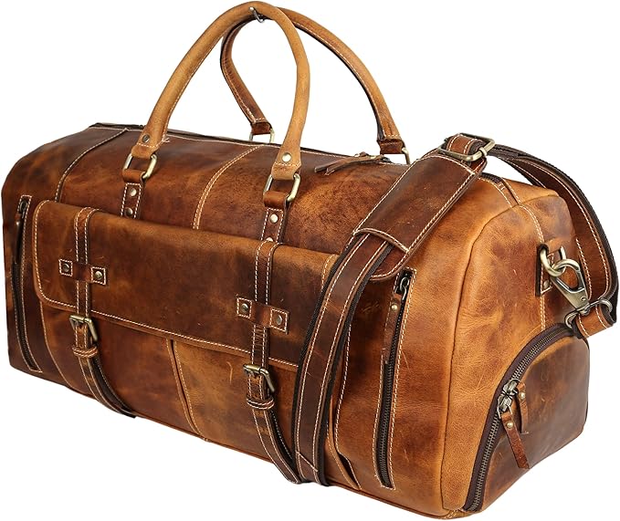 KomalC 24 Inch Leather Duffel Bags for Men and Women Full Grain Leather Travel Overnight Weekend Leather Bags Sports Gym Duffle for Men (Tan with Shoe pocket)