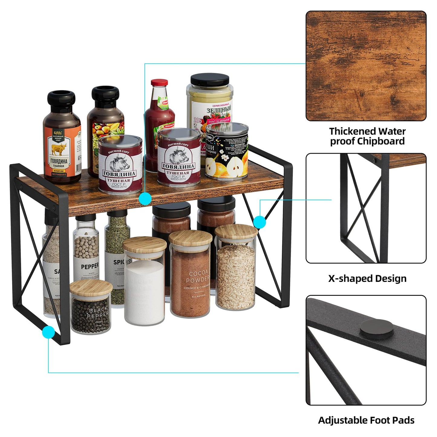 Giikin Countertop Shelf Organizer, Cupboard Stand Spice Rack, Retro Style Cabinet Shelf for Pantry, Kitchen, Bathroom, Reading Room, Bedroom to Save Space (7.8" D x 15.7" W x 9.4" H, Rustic Brown)