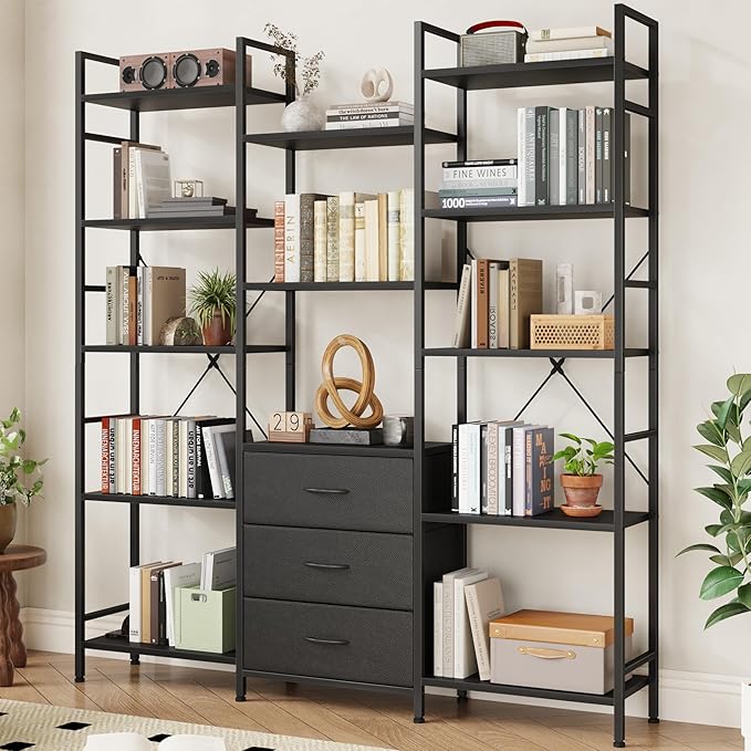 AFLUI Triple Bookshelf with 3 Fabric Drawers, 5-Tier Book Shelf and 10 Display Shelves, Industrial Large Bookcase for Home & Office, Black, 47'' Wide