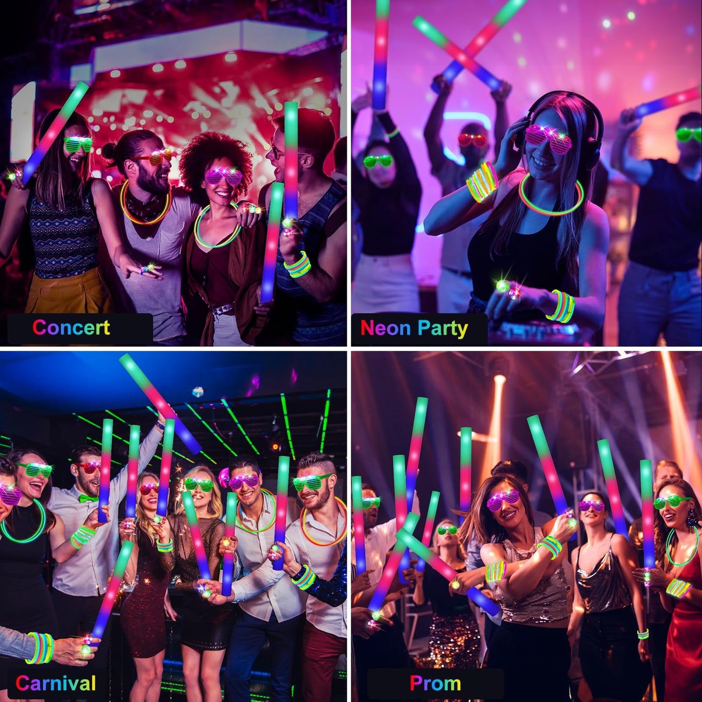OLUPP 150 PCS Glow in the Dark Party Supplies, 16 Foam Sticks, 16 LED Glasses, 100 Glow Sticks and 18 Finger Lights for Neon Party, Wedding, Birthday, Concert, New Year, Carnivals, Raves
