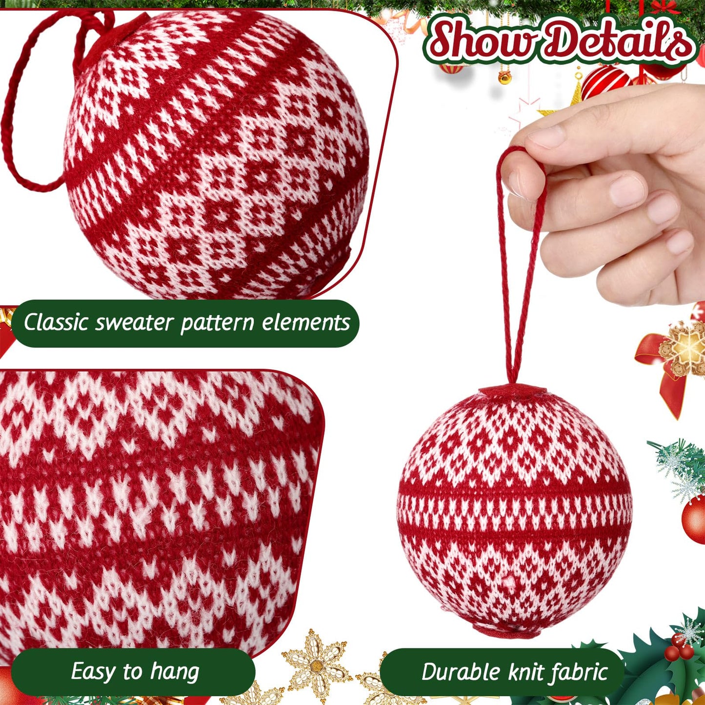 Weysat 12 Pcs 3.15" Red Knitted Sweater Christmas Balls Large Rustic Handmade Hanging Ball with Snowflake Pattern Christmas Tree Ornaments for Party Holiday Farmhouse Decorations Gifts