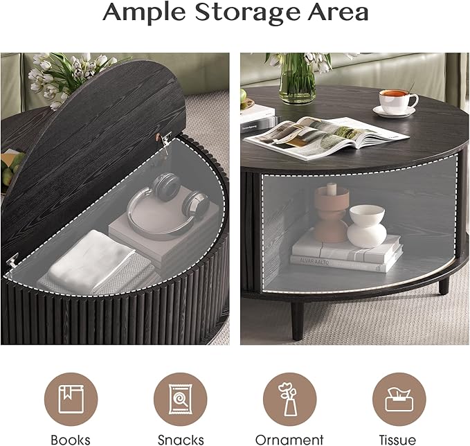 JOINICE,Black Round Coffee Table with Storage, 31.5" Fluted Center Table with Sliding Door, Modern Circle Drum Accent Table for Living Room, Sleek Wood Furniture for Small Spaces & Apartments