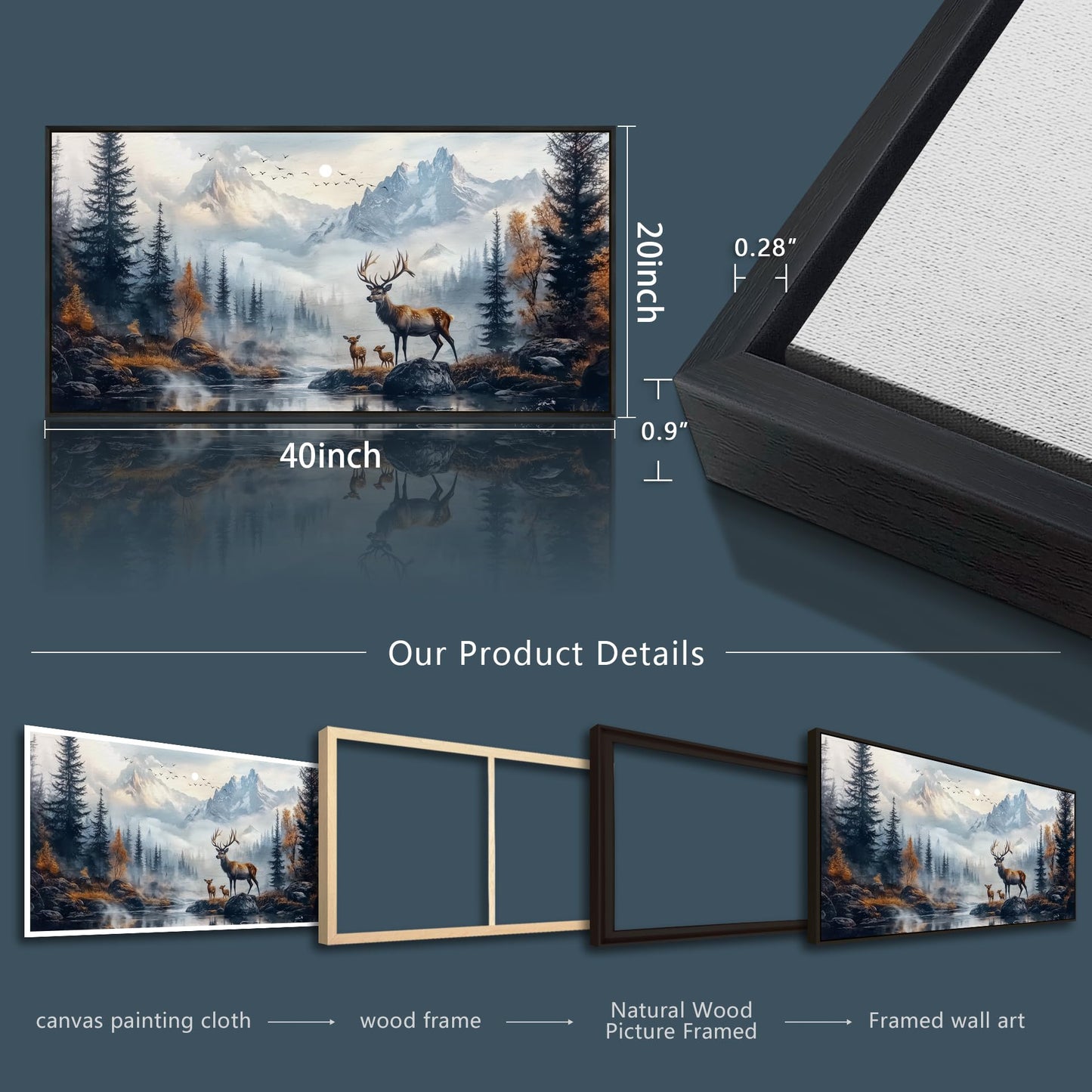 KELIYUAN Canvas Wall Art For Living Room Black Framed Wall Decor For Bedroom Office Prints Pictures Elk Foggy Mountain Landscape Painting Scenery Stretched and Framed Wall Art Home decor 20"X40"