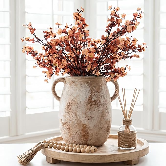 Ceramic Flower Vase with Handles, 7.9in Farmhouse Table Rustic Vases, Waterproof Pottery Clay, Flower Terracotta Vases for Home Decor, Living Room,Table, Handcrafted (Terracotta)
