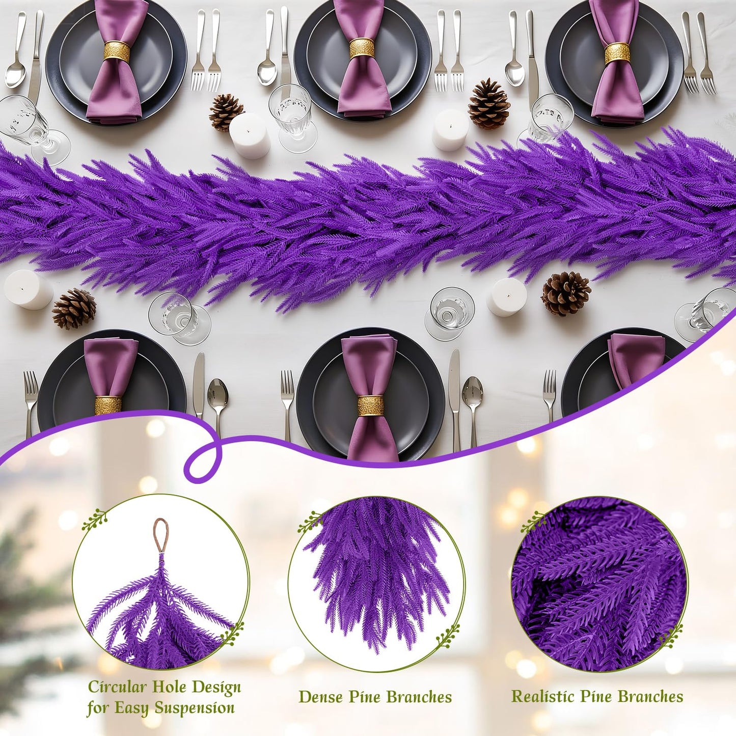 N&T NIETING Christmas Garland Norfolk Pine Garland Real Touch Artificial Christmas Purple Xmas Garland for Mantle, Table Holiday Fireplace Staircase Indoor Outdoor Christmas Decorations (9 FT)