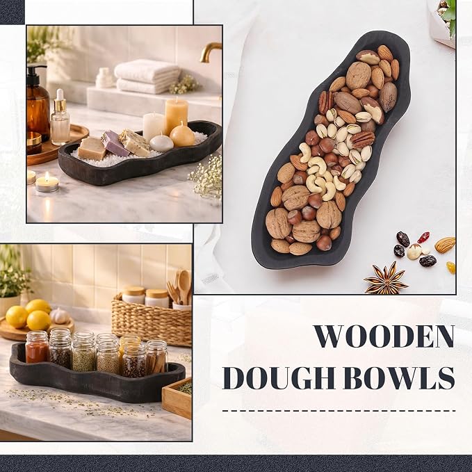 Nuogo 14 Inch Wavy Live Edge Dough Bowl Large Size Wood Rustic Dough Bowl Decorative for DIY Farmhouse Home Supplies Kitchen Decoration, Black