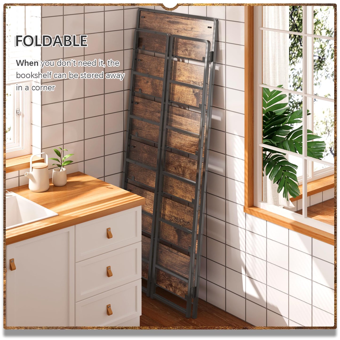 4NM No Assembly 6 Tiers Folding Bookshelf Storage Shelves Vintage Bookcase Standing Racks Study Organizer Home Office (Rustic Brown Black)