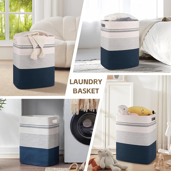 80L Large Cotton Rope Laundry Basket for Bedroom & Laundry Room, Tall Clothes Hamper with Sturdy Handles, Neutral Storage Bin Capable of Holding Blankets and Toys