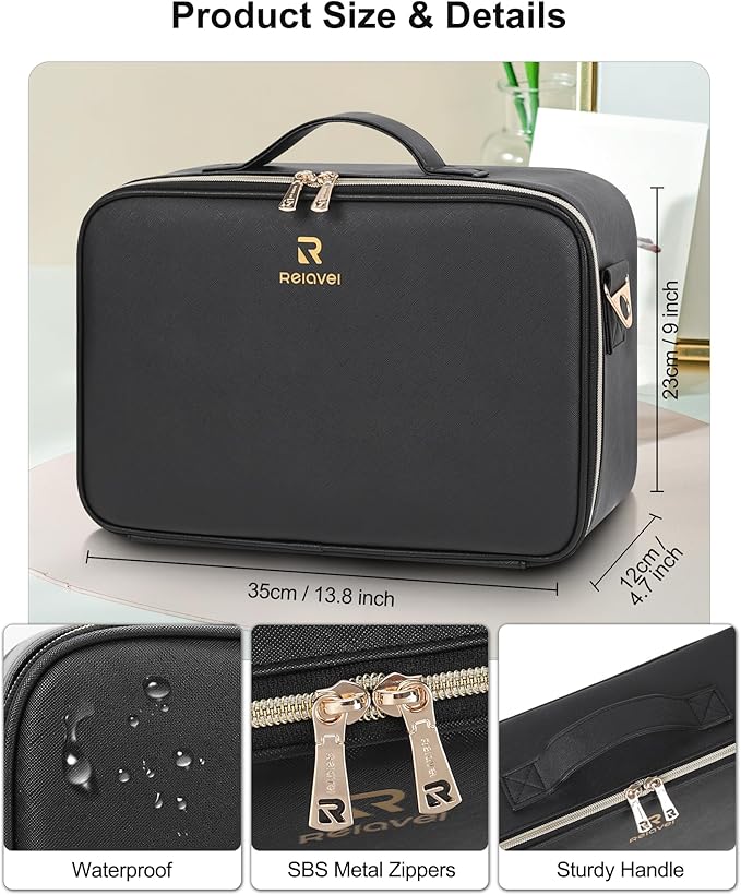 Relavel Makeup Train Case With LED Mirror, Professional Travel Cosmetic Bag with Removable Partitions,Compact Makeup Organizer, Waterproof Toiletry Case for Women, Black