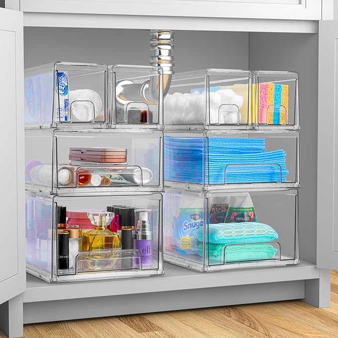 Sorbus 2 Large & 4 Small Clear Stackable Storage Drawers – Plastic Organizer Bins with Handles – Stackable Pull-Out Storage Drawers for Closet, Pantry, Office, Bathroom, Craft, and Toy Organization