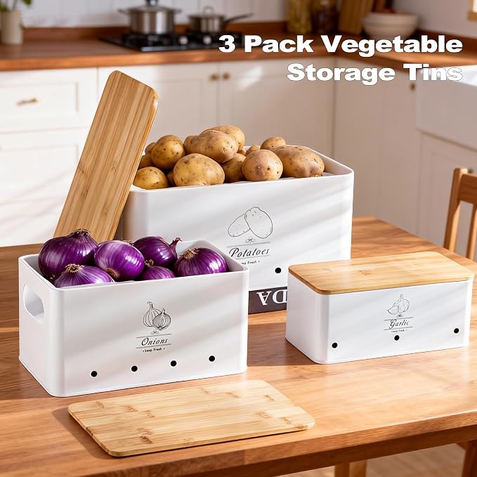 Metal Potato Onion and Garlic Storage Tin Set of 3, White Kitchen Vegetable Canisters with Bamboo Lid and Aerating Holes, Stackable Kitchen Keeper Storage for Countertop Pantry