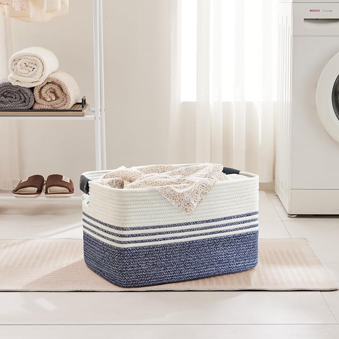 60L Large Laundry Basket with Leather Handles for Living Room Storage, Woven Rope Baskets Bin for Blanket, Kids Toy, Gifts, Wicker Hamper for Bedroom Dirty Clothes, 21"x15"x11" Denim Blue