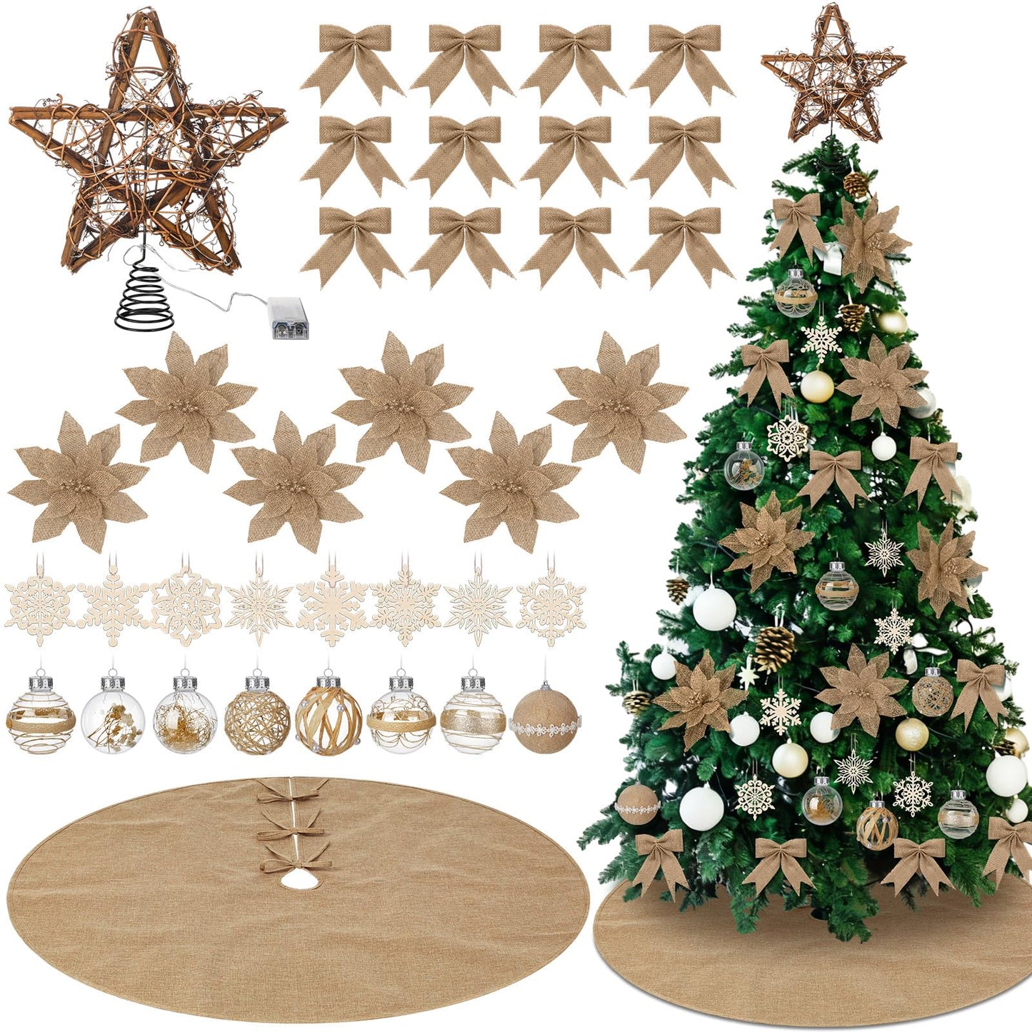 Soulchen Boho Christmas Tree Ornaments Set-40 Pcs Burlap Christmas Tree Decorations Jute Rustic Neutral Skirt Topper Bows Ball Poinsettia Snowflake Hanging Ornament Bulk for Farmhouse Xmas Party Decor