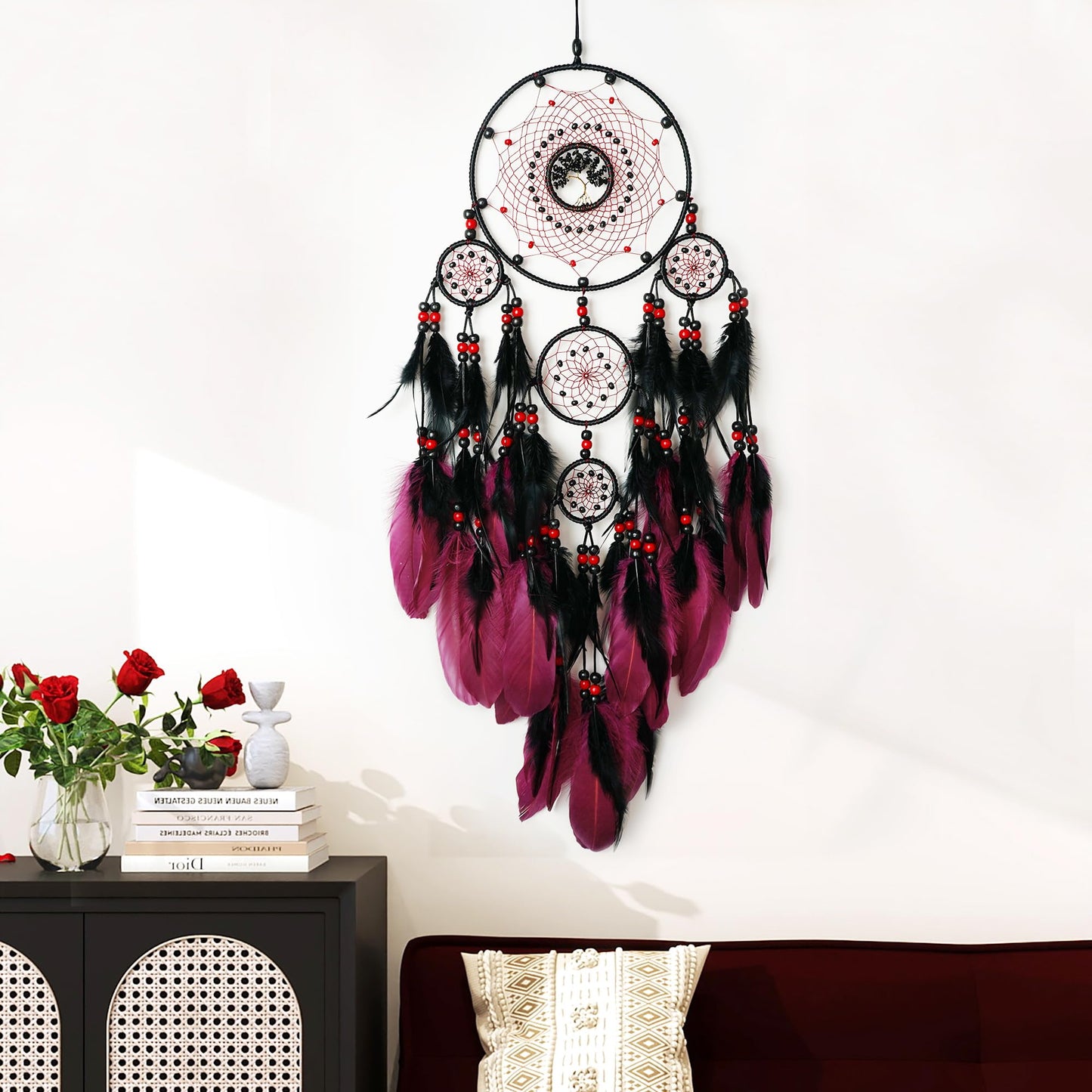 MEIZHIANDME Large Dream Catchers, Boho Handmade Native Macrame Dream Catchers Wall Hanging for Bedroom Living Room Dorm Room Decor, Adults Wedding Party Decor, Festival Blessing Gift (Red & Black)