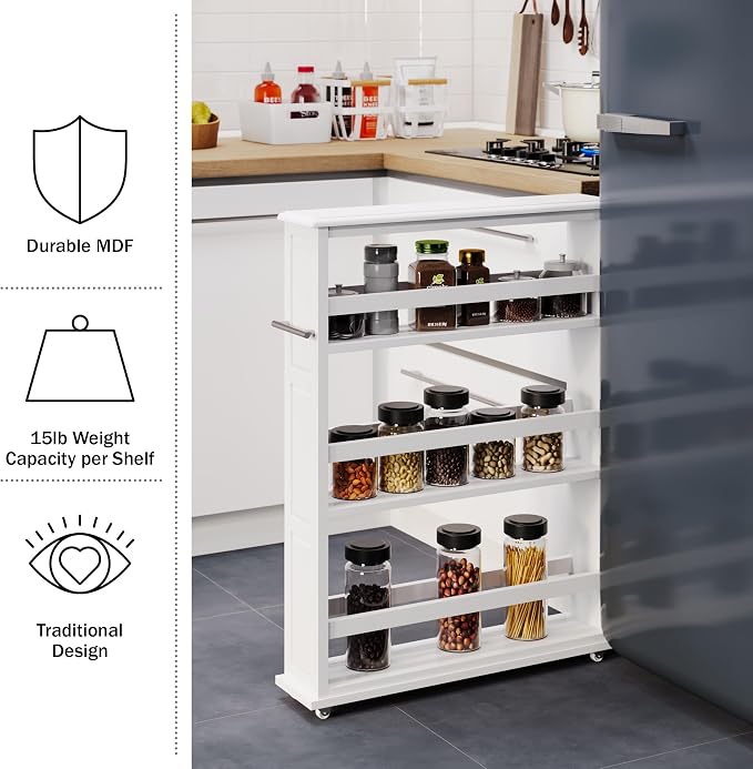 Lavish Home 3-Tier Slim Rolling Storage Cart - 25” x 5.7” Narrow Rolling Cart with Handle and Wheels for Bathroom, Laundry Room, and Kitchen Organization - Pull-Out Home Organizers (White)