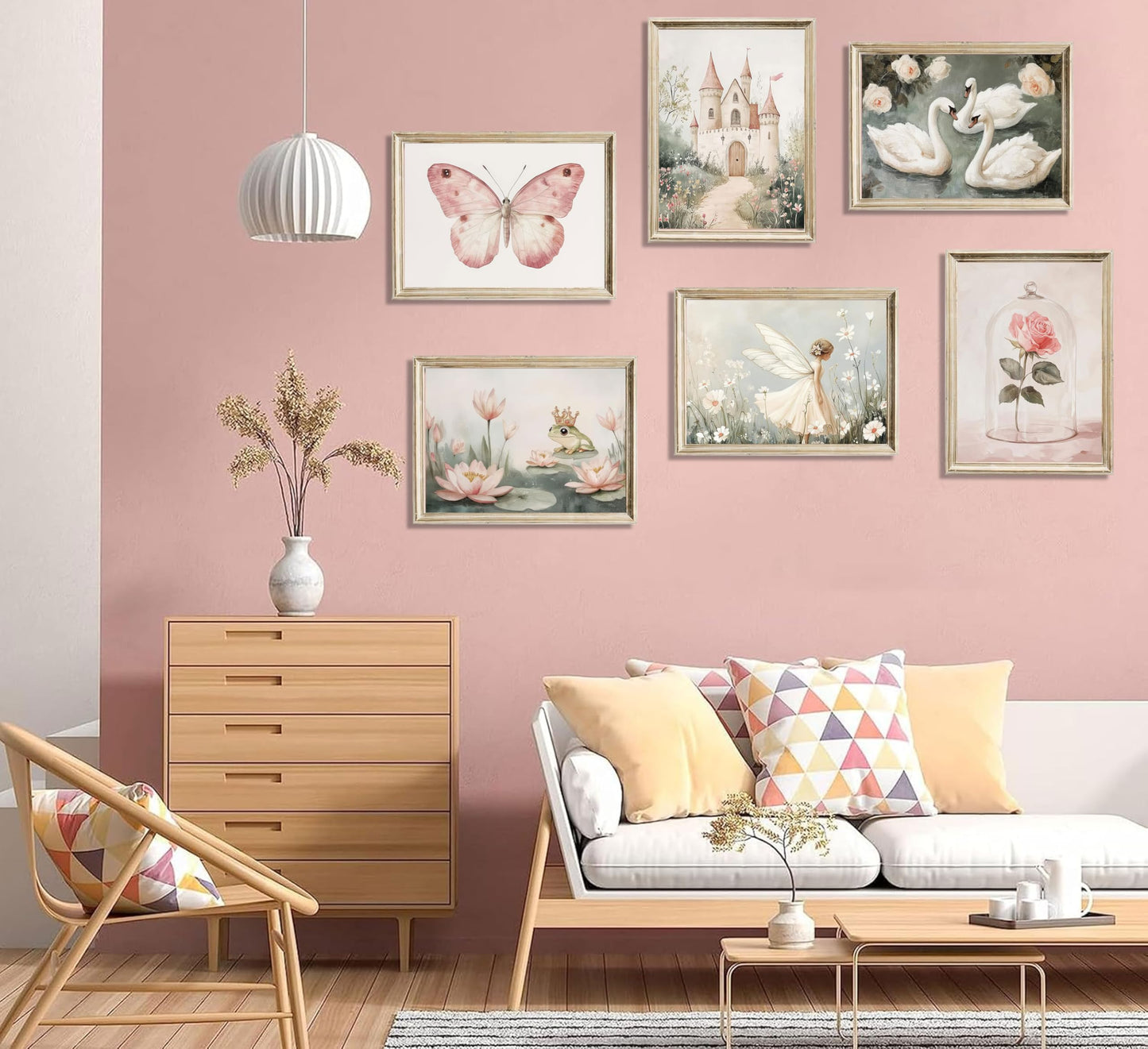 6Pc Coquette Wall Art Pastel Pink Trendy Posters Wall Decor White Swan Butterfly Frog Painting Pictures Castle Elf Aesthetic Floral Canvas Prints for Nursery Teen Girls Bedroom College Dorm Unframed
