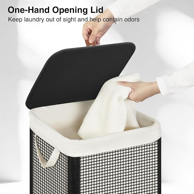 STO STO Laundry Hamper with Lid, 90L Large 1 Section Laundry Sorter, Laundry Basket with Removable Washable Canvas Liner Bag, Breathable Clothes Hamper for Bedroom Bathroom Laundry Room Closet Dorm