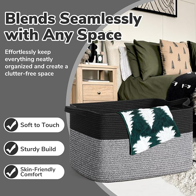 Goodpick Large Woven Blanket Basket 21.6" x 14.9" x 11.8" Storage Baskets for Organizing, Rectangle Baby Toy Bins for Kids Organizer Living Room Bedroom, Black & Gray