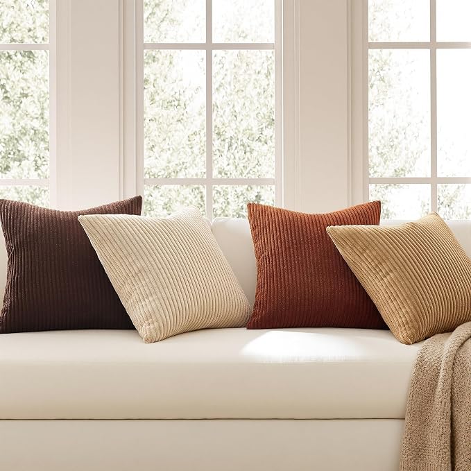 Topfinel 20x20 Decorative Pillow Covers Set of 4 Rustic Modern Soft Corduroy Striped Cushion Covers Beige Brown Gradient Farmhouse Pillow Case for Sofa Couch Living Room Bedroom