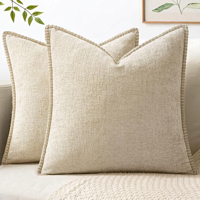 MIULEE Pack of 2 Couch Throw Pillow Covers 20x20 Inch Beige Farmhouse Decorative Pillow Covers with Stitched Edge Soft Chenille Solid Dyed Pillow Covers for Sofa Bed Living Room
