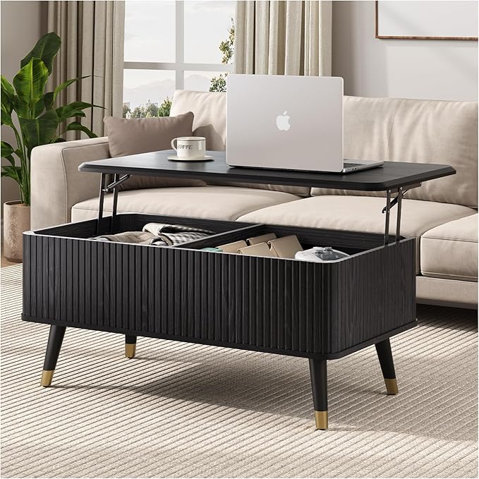 JOINICE Lift Top Coffee Table with Storage, Modern Black Fluted Design, Pop-Up Center Table with Hidden Compartment for Living Room & Home Office Work/Dining