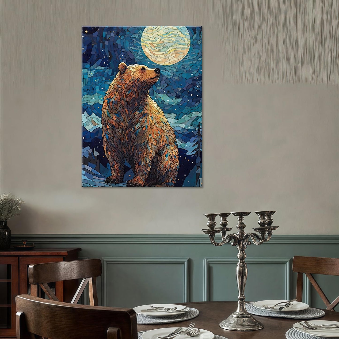 Mosaic Bear Wall Art,Starry Sky Dreamy Constellation Animal Canvas Print,Kid's Room Colors Wall Art,Wildlife Nature Home Decor,Modern Canvas with Framed Canvas Print,Framed 12 X 16in