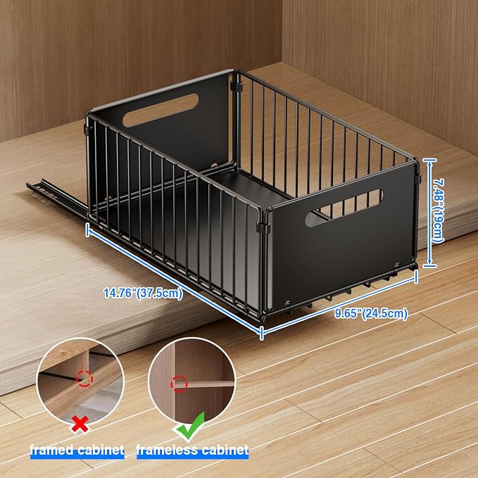 Mustorn 2 Pack Pull Out Cabinet Organizer, Slide Out Drawers for Cabinets, Peel and Stick, Heavy Duty Shelves for Kitchen, Cupboard, Pantry, Bathroom (14.76" D*9.65" W*7.87" H-Black)