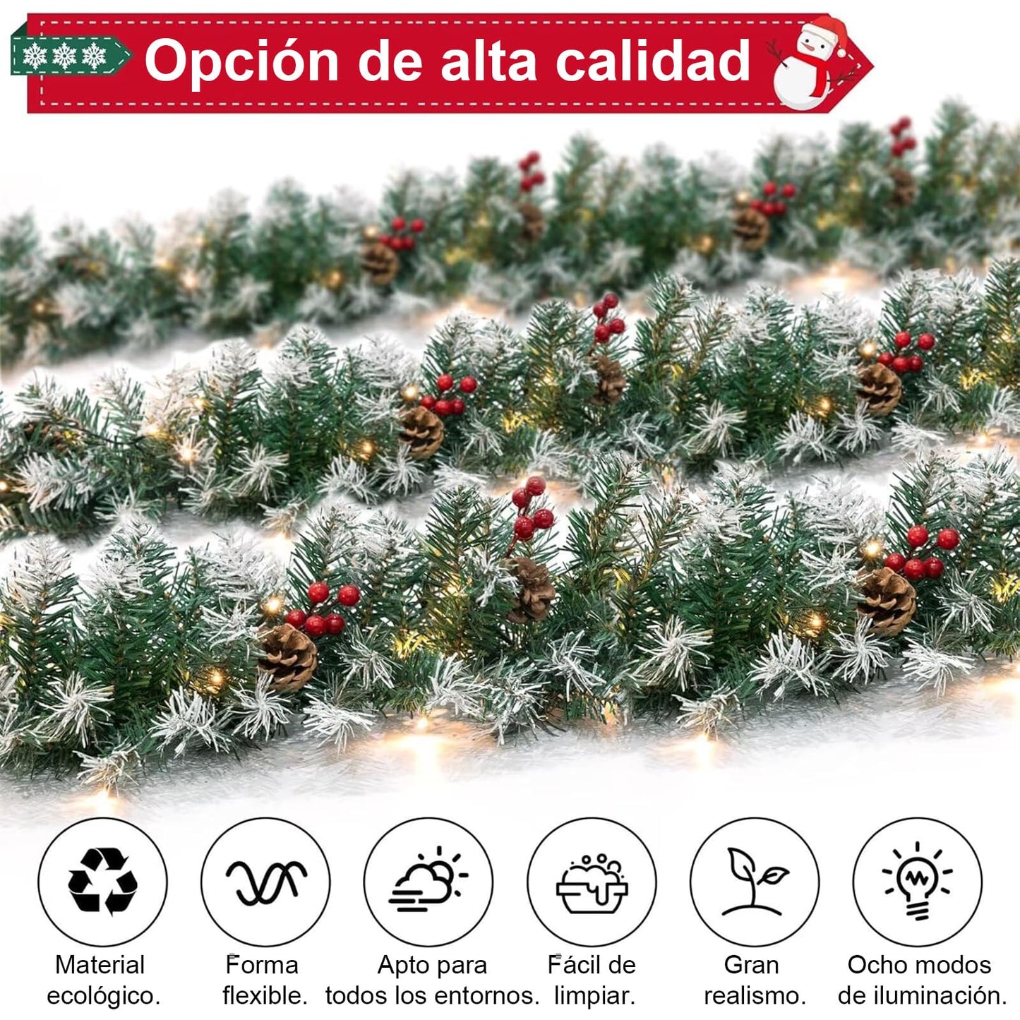 Christmas Garland with Lights - 9FT Pre-Lit Flocked Garland with 50 LED Bulbs, Red Berries, Pine Cones, Artificial Pine Battery Operated Garland for Fireplace, Staircase, Indoor & Outdoor Decoration
