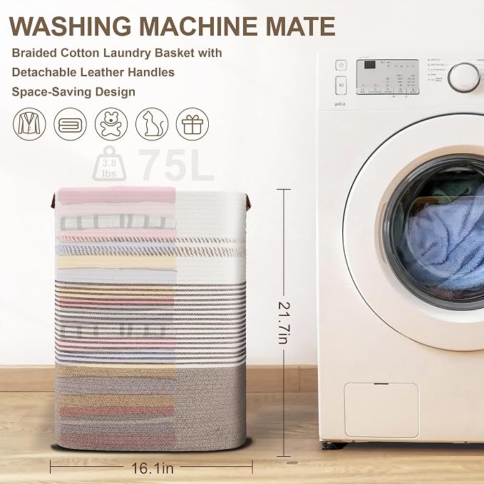 75L Tall Laundry Hamper with Handles for Living Room Storage, Large Woven Rope Baskets Bin for Blanket, Kids Toy, Gifts, Wicker Hamper for Bedroom Dirty Clothes, 16"x13"x22" White Brown