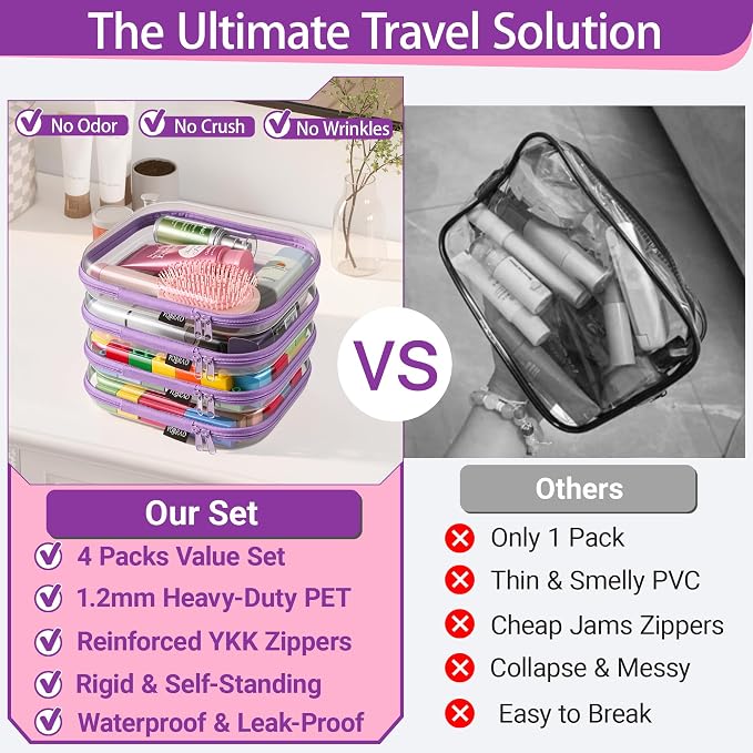 YQBRAO 4-Pack Clear Diaper Bag Organizer Pouches, 1.2mm Ultra-Thick PET Travel Pouches for Toiletries & Makeup, Rigid Self-Standing Bags with YKK Zippers, TSA Approved (Purple)