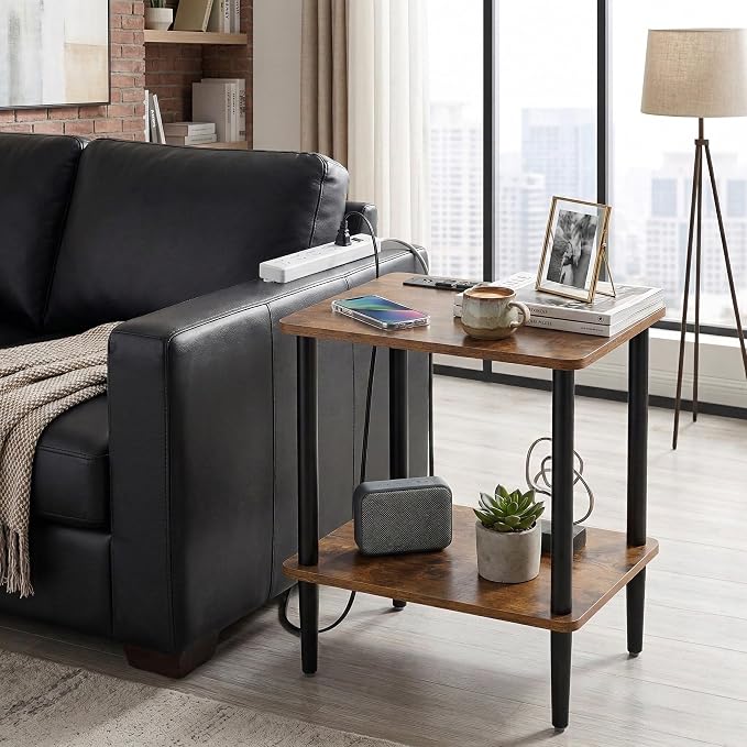 FORAOFUR End Table with Charge Station, Small End Tables Living Room, Nightstand with 2 Tier Storage Shelves for Small Spaces, Living Room, Bedroom, Sofa End Table Rustic Brown