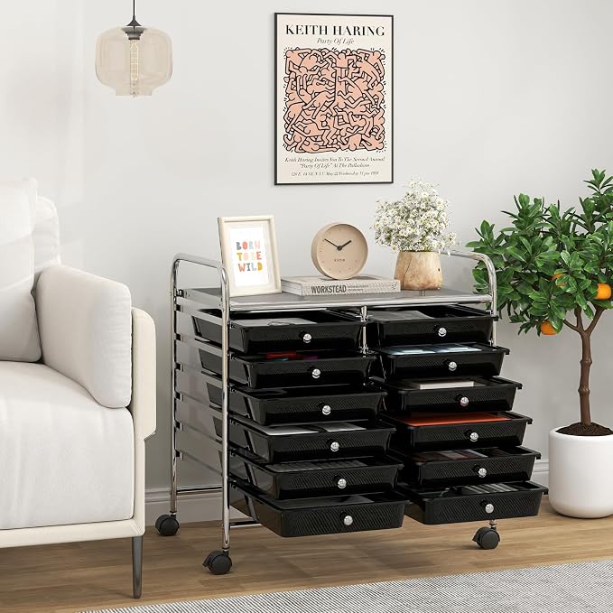 COSTWAY 12-Drawer Rolling Storage Cart, Utility Storage Organizer Cart for Tools, Scrapbook, Paper, Craft, Multipurpose Art Supply Organizer on Wheels for Home Office School, Teacher, Black