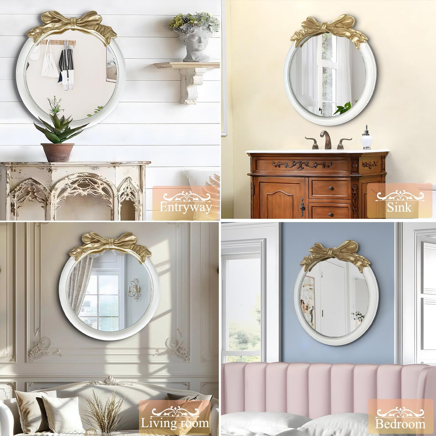 inoseen Antique Bow Round 26x26 inch Wall Mirror, White and Gold Bow Frame Circle Mirror for Wall Decor for Bathroom Sink, Living Room, Hallway & Bedroom