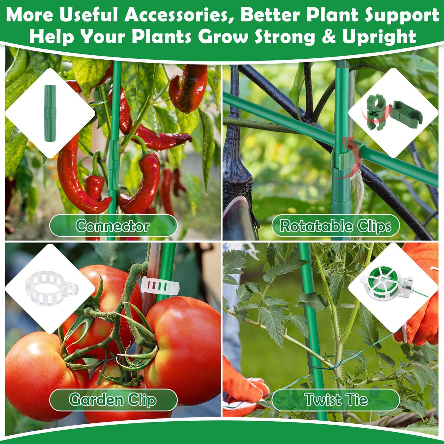 Tetutor 337 PCS Garden Stakes, Fiberglass Tomato Stakes, Garden Sticks with Accessories, 105 Sets DIY 4ft, 5ft, 6ft, 7ft Plant Stakes, Plant Sticks Supports for Indoor Outdoor Plants, Vegetables