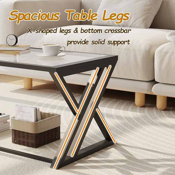 Wolawu Coffee Table Black Glass Coffee Table for Living Room,Modern Rectangular Center Table with Sturdy Metal Frame,Tempered Glass Table Tea Tables for Bedroom Home Office