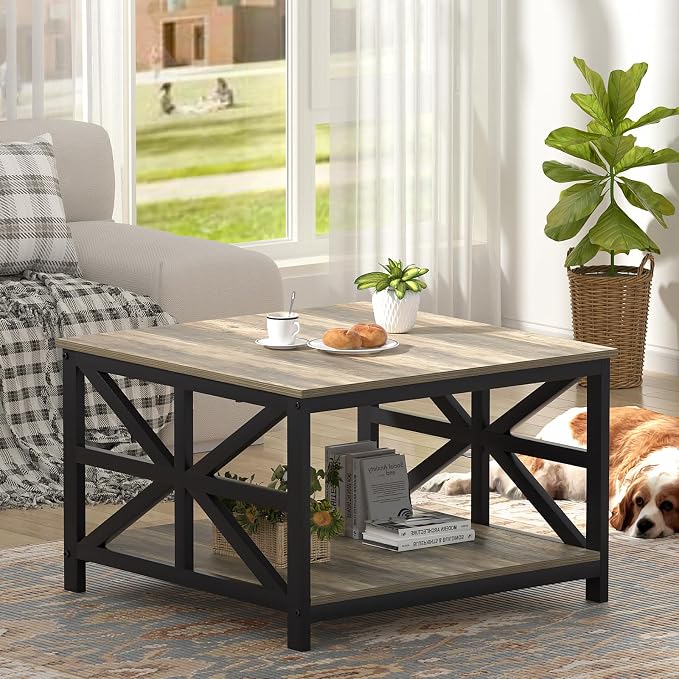 GreenForest Modern Living Room Coffee Table with 2 Tier Storage, Small Square Wood and Metal Farmhouse Center Table with Seamless One-Piece Tabletop, 27.55 Inch, Grey Wash