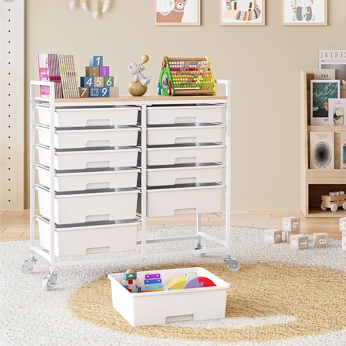 Rolling Storage Cart with 12 Drawers, Wooden Tabletop Utility Cart for Craft Storage, Art Supply Storage & Home Office Organization, Teacher Cart with Wheels for Classroom, School (White)