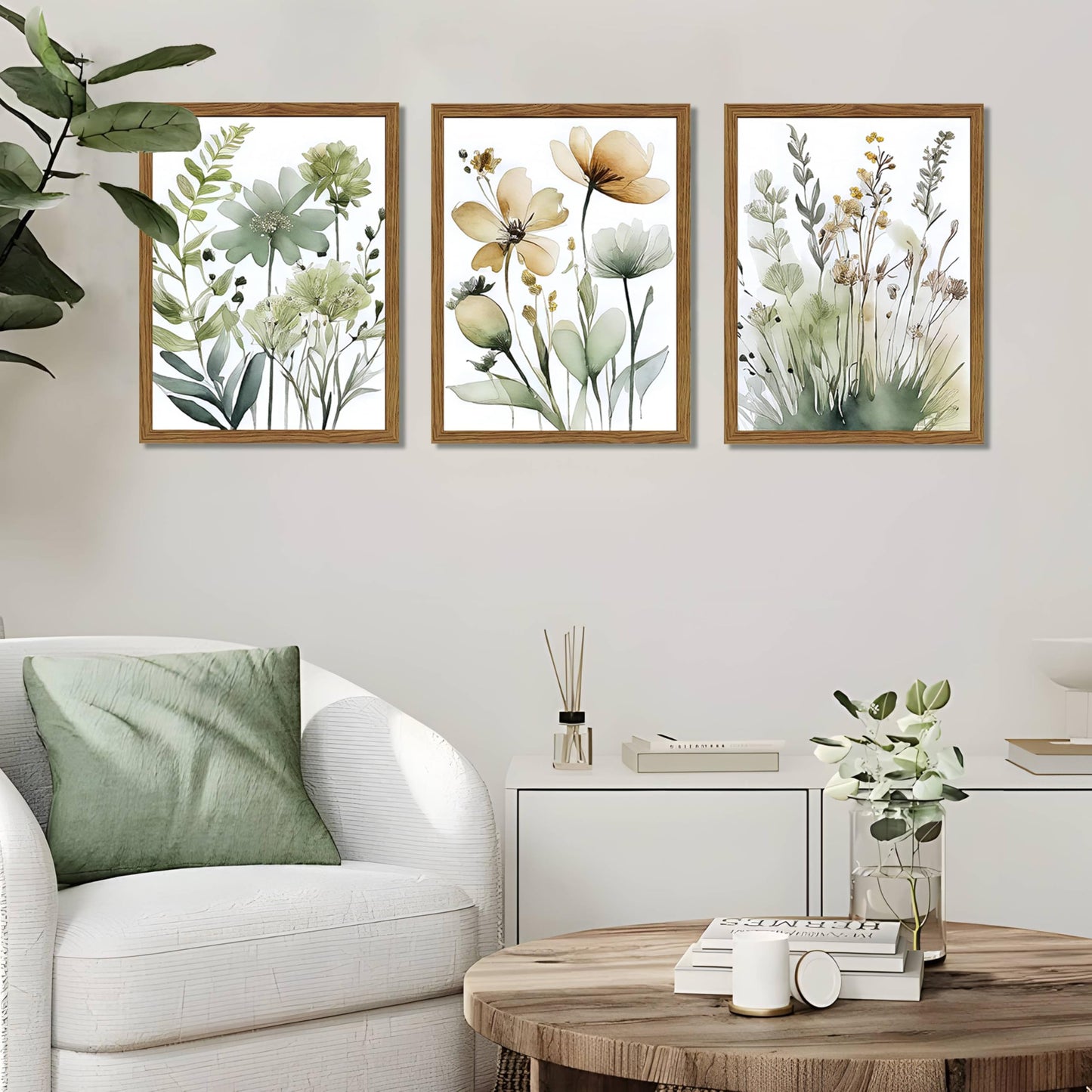 Wood Framed Sage Green Botanical Wall Art Set of 3, Boho Floral Canvas Wall Decor Paintings, Minimalist Flower Posters Prints Pictures for Bedroom Bathroom Living Room Home Decor 12x16 Inch