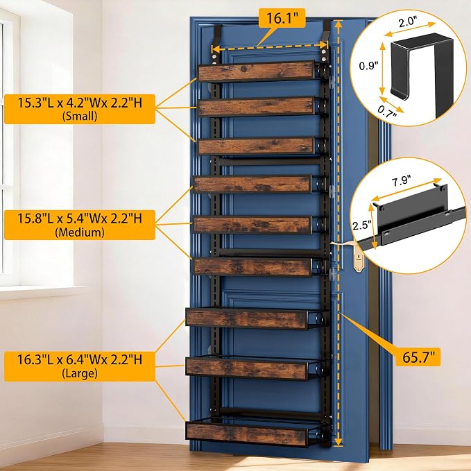 9 Tier Over The Door Pantry Orangizer 2 IN 1 Wall Mounted or Hanging Spice Rack with Adjustable Wood Basket,Heavy Duty Seasoning Storage Shelf for Kitchen Pantry and Bathroom Black