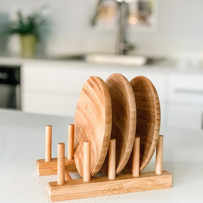 KOZY Dish Drying Rack Handmade Dishware Plate Holder Natural Bamboo Drainer Stand - Wooden Finish- Holds Plates Bowls Mugs Cups Cutting Board (Natural Bamboo- Plate Holder)