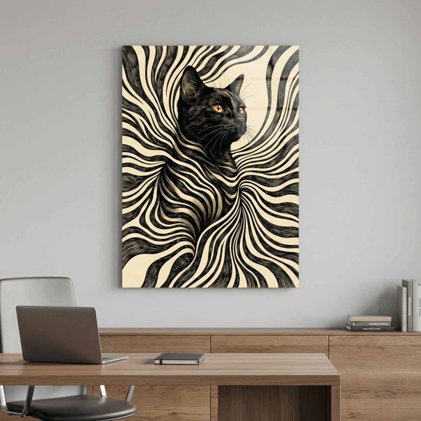 XIART Abstract Black and White Cat Tempered Glass Wall Art, Modern Surreal Optical Illusion Frameless Decor, Large Glossy Animal Print for Living Room, Bedroom & Office