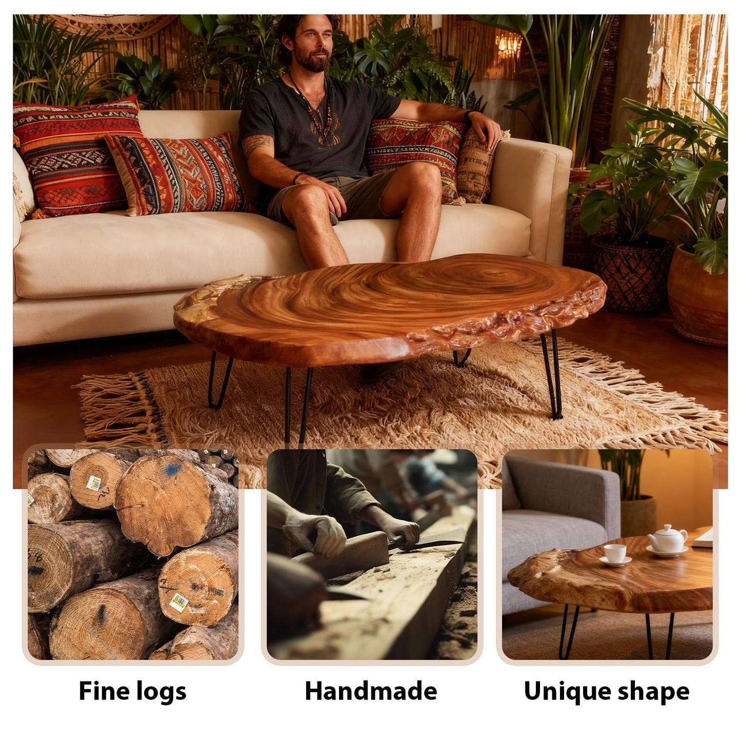 BTEOBFY 14" Live Edge Coffee Table - Handcrafted Solid Wood Side Table with Sturdy Metal Hairpin Legs - Unique Organic Shape End Table for Living Room & Small Spaces, Rustic Boho Decor