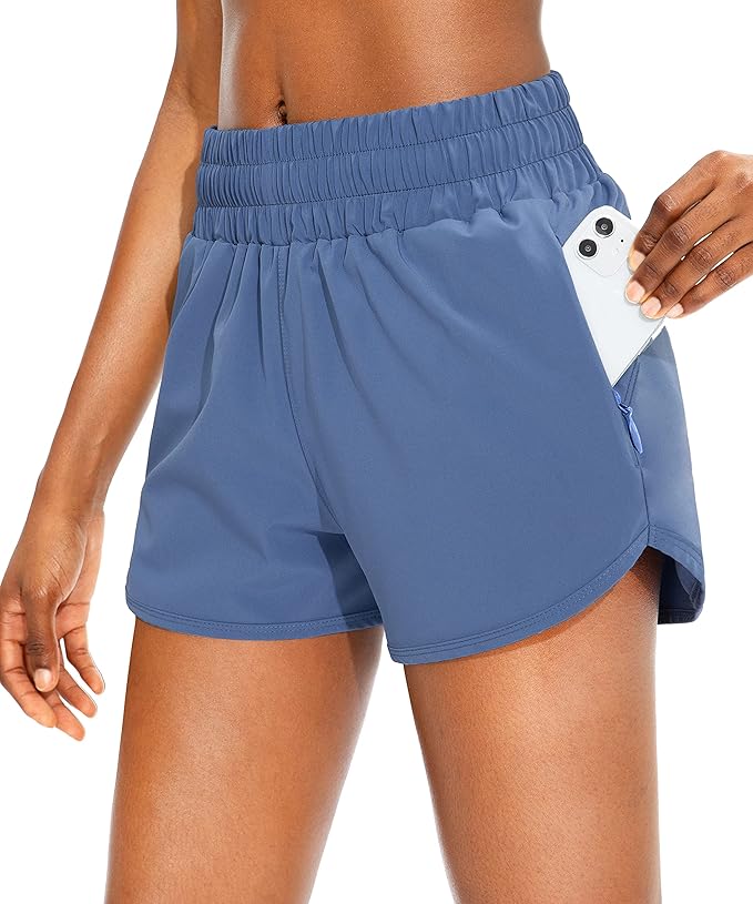 SANTINY Women's Running Shorts with Zip Pockets High Waisted Athletic Workout Gym Shorts for Women with Liner